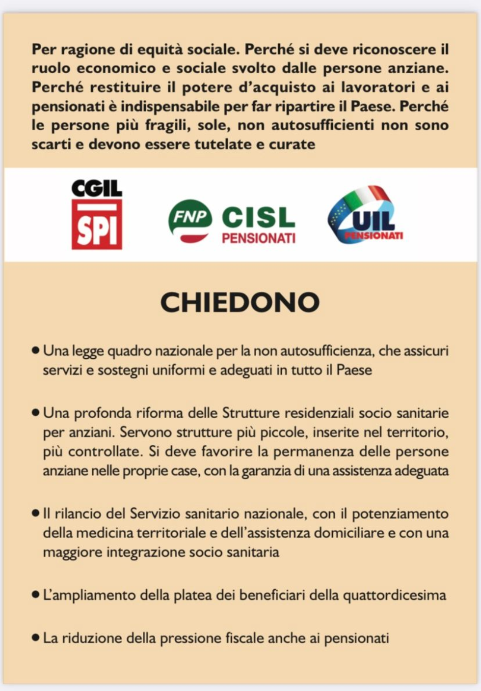 LE RICHIESTE DEI PENSIONATI  SPI/CGIL- FNP/CISL-UILP/UIL