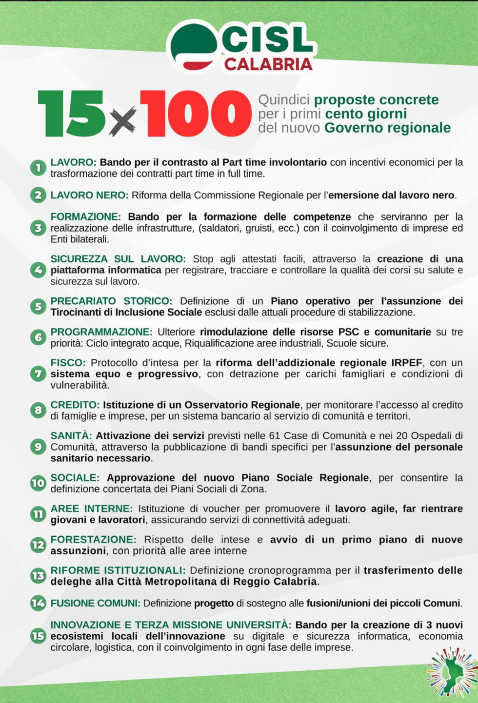LE 15 PROPOSTE CONCRETE DELLA CISL CALABRIA