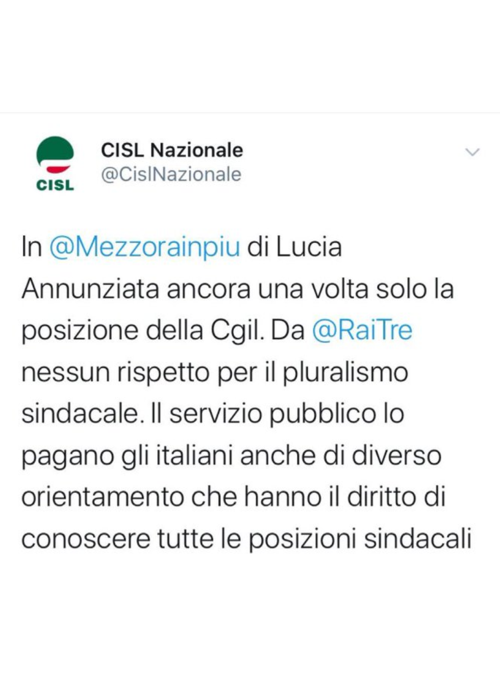 RaiTre:  ristabilire le condizioni di pluralismo sindacale. 